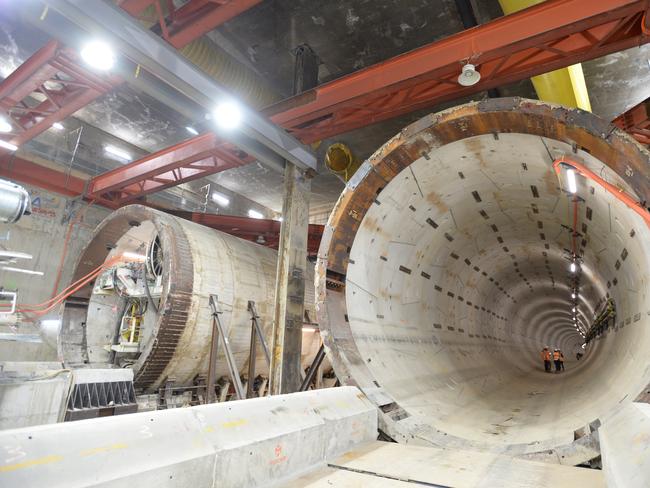 Melbourne Metro Tunnel, THE 9km twin tunnels for the Melbourne Metro Rail project are set to be completed by the middle of the year, raising hopes trains will run on the new line earlier than scheduled, Picture: Craig Hughes