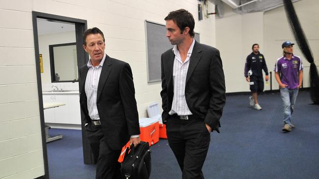 Dave Donaghy with Storm coach Craig Bellamy in 2010, when he was Melbourne’s media manager.