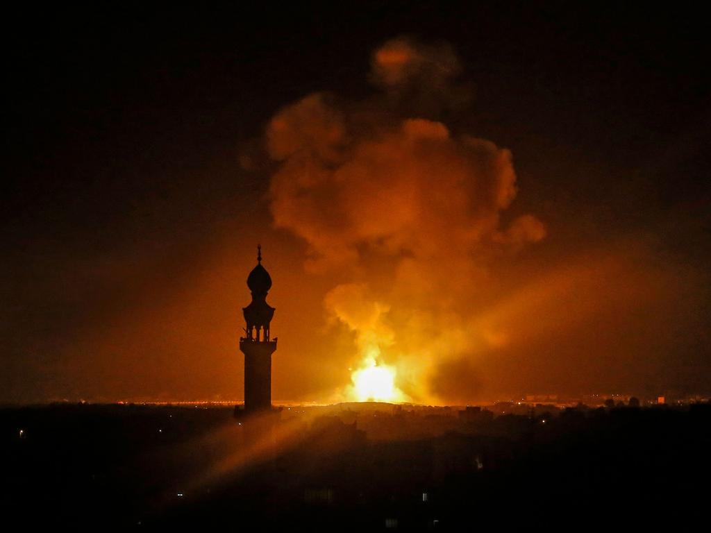 A picture taken in Rafah in the southern Gaza Strip, on May 5, 2019 shows an explosion following an air strike by Israel. Picture: AFP