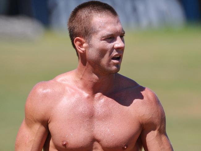 Ben Cousins played his first trial match with Richmond at Gosch's Paddock in front of an adoring crowd. Ben showing off his tattoo.