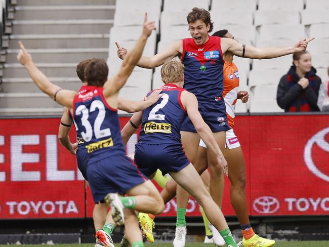 Matthew Jefferson celebrates his first goal, 17 seconds into the game. Picture: Michael Klein