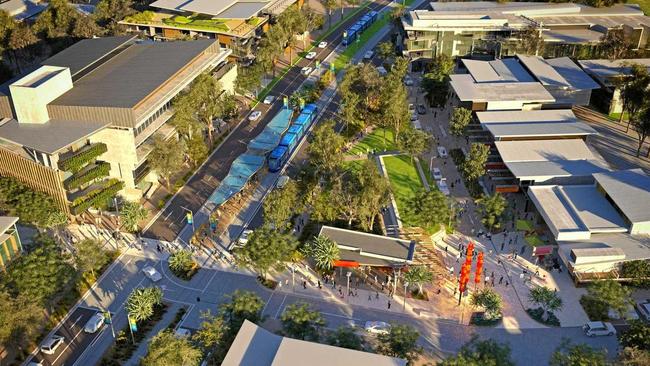 Latest artist's impressions of the future Sunshine Coast Light Rail in the Maroochydore CBD. Picture: Sunshine Coast Council