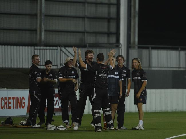 Magpies players celebrate after Isaac Borg hits the winning runs against Norths in the Dixon Homes Div 1 T20 Shootout grand final. Photo: Callum Dick