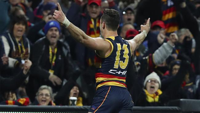 Adelaide captain Taylor Walker after putting the Crows in front in the final quarter. Picture: Sarah Reed