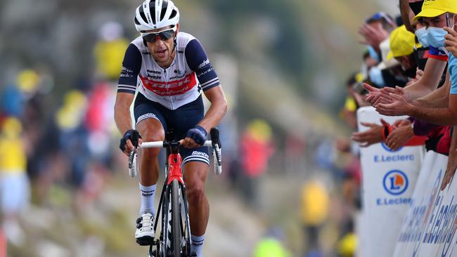 Team Trek rider Australia's Richie Porte crosses the finish line atop the Loze pass (Col de la Loze) at the end of the 17th stage of the 107th edition of the Tour de France cycling race, 170 km between Grenoble and Meribel, on September 16, 2020. (Photo by Stuart Franklin / POOL / AFP)