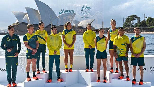 The unveiling of the ASICS Australian Olympic team competition uniforms for the Tokyo Games in front of the Sydney Opera House last week. Picture: AFP