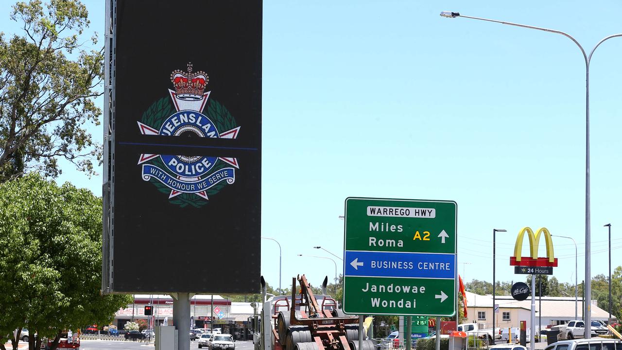 A Queensland Police memorial sign on the Warrego Highway in Chinchilla. Picture: David Clark, NCA/Newswire