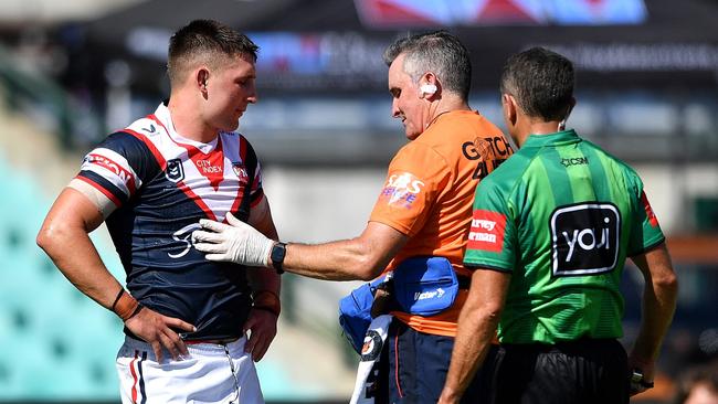 Victor Radley was forced off after the Bunker doctor decided he was concussed against the Knights. Picture: NRL Photos