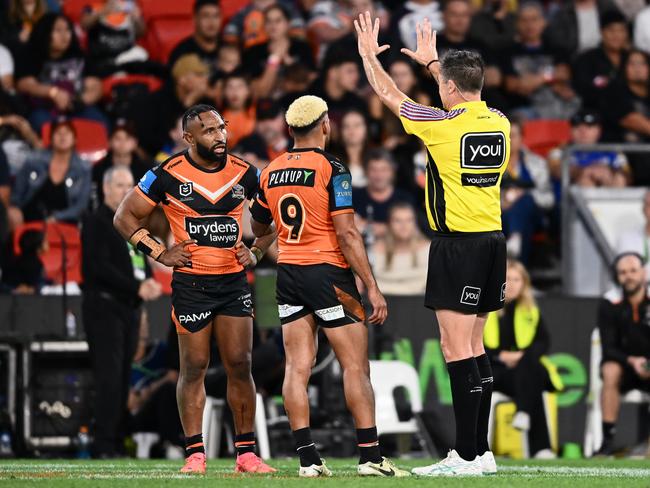 It’s an all-too familiar sight for Tigers fans, with at least one player sin-binned in 11 of their 17 games this season. Picture: NRL Images