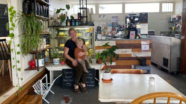 Letesha with son Artie Winston Bell in the Booval cafe.