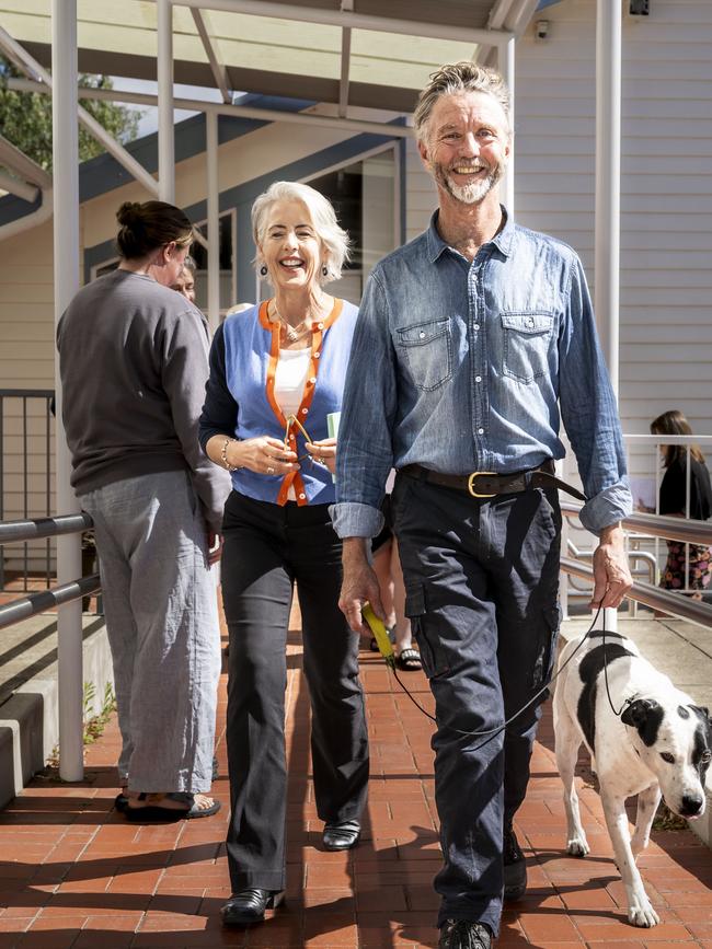 Greens Leader Rosalie Woodruff and partner Paul Gibson voting at Warrane in the 2024 Tasmanian State Election. Picture: Caroline Tan