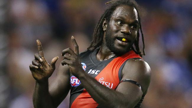 Essendon’s Anthony McDonald-Tipungwuti celebrates a goal. Pic: Michael Klein