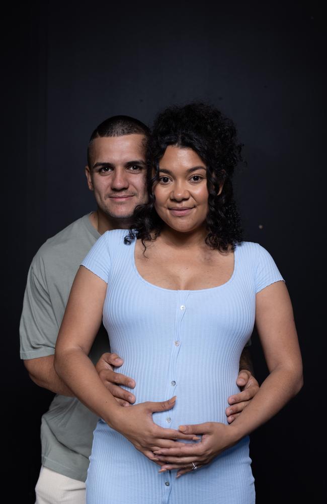 Jayden Nikorima and his partner Christa, who is expecting. Picture: David Kelly