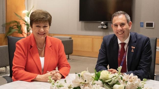 International Monetary Fund managing director Kristalina Georgieva with Treasurer Jim Chalmers in Washington on Friday (AEST). Picture: Twitter