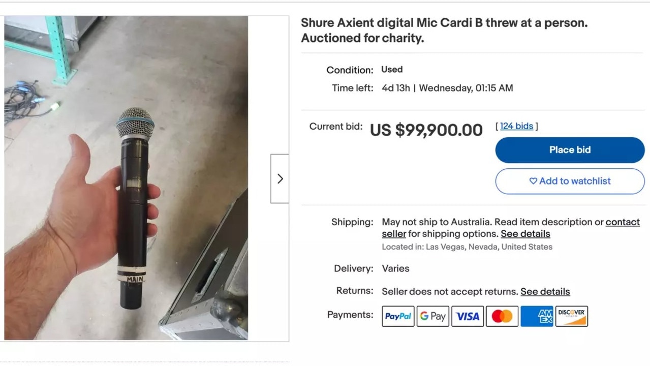 The microphone thrown by Cardi B sold for A$150k after a bidding war. Picture: eBay.