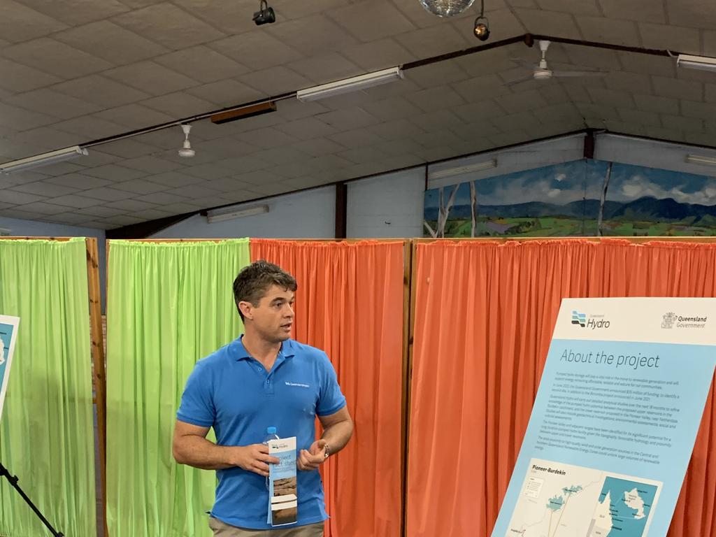 Queensland Hydro executive general manager of development, Chris Evans at the October 6, 2022 Finch Hatton meeting on the Pioneer-Burdekin pumped hydro scheme when he was the CEO. Picture: Duncan Evans