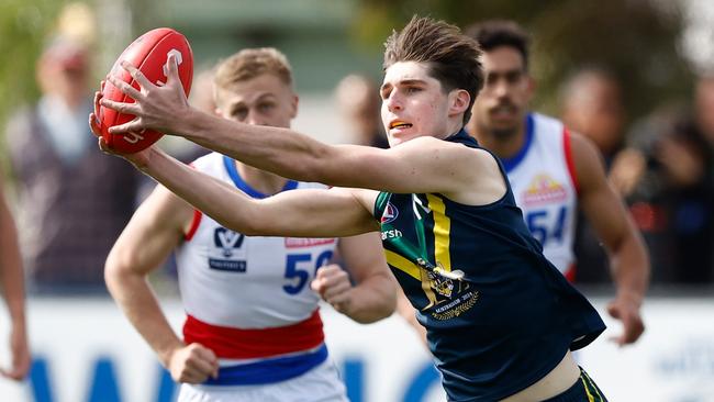 MELBOURNE, AUSTRALIA - APRIL 27: Christian Moraes of the AFL Academy in action during the 2024 AFL Academy match between the Marsh AFL National Academy Boys and Footscray Bulldogs at Whitten Oval on April 27, 2024 in Melbourne, Australia. (Photo by Michael Willson/AFL Photos via Getty Images)