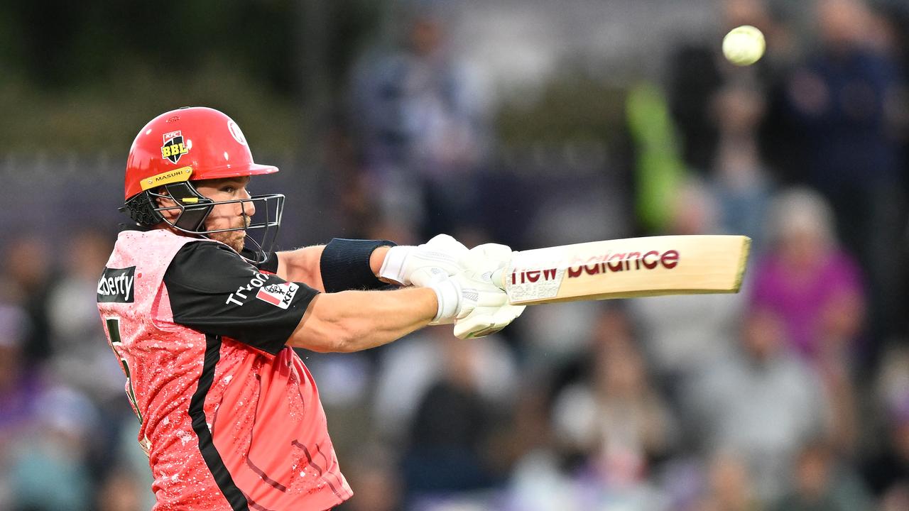 HOBART, AUSTRALIA - DECEMBER 23: Aaron Finch of the Renegades bats during the BBL match between Hobart Hurricanes and Melbourne Renegades at Blundstone Arena, on December 23, 2023, in Hobart, Australia. (Photo by Steve Bell/Getty Images)