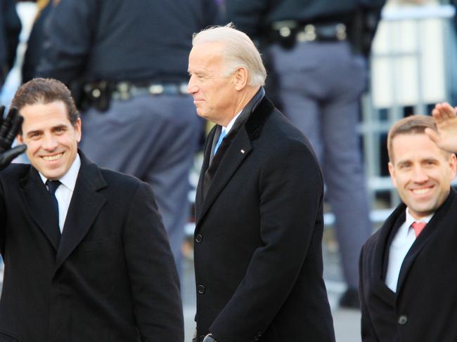 Joe Biden and sons Hunter Biden (L) and Beau Biden (R, deceased). In leaked texts Hunter has described himself as an ‘addict’ who is hurting his father’s career. Picture: AFP