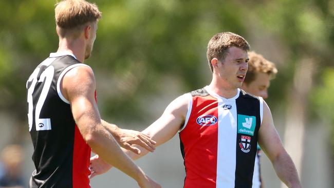 MELBOURNE, AUSTRALIA - FEBRUARY 25: Jack Higgins of the Saints reacts during the AFL Practice Match between the North Melbourne Kangaroos and the St Kilda Saints at Arden Street Ground on February 25, 2021 in Melbourne, Australia. (Photo by Kelly Defina/Getty Images)