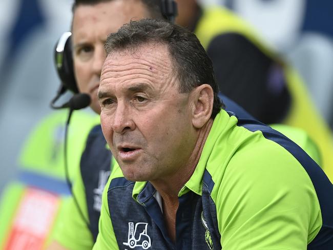 TOWNSVILLE, AUSTRALIA - MARCH 04: Raiders Coach Ricky Stuart looks on during the round one NRL match between the North Queensland Cowboys and the Canberra Raiders at Qld Country Bank Stadium on March 04, 2023 in Townsville, Australia. (Photo by Ian Hitchcock/Getty Images)