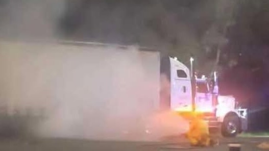 Tyres popping in a road train trailer fire in Alice Springs on Monday night, May 5, 2025, could be heard all over town. Picture: Facebook/ Action for Alice