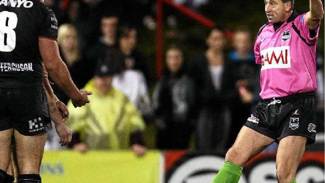 TIME FOR CHANGE: Referee Steve Lyons penalises and puts on report a Penrith player for a trip in a match in 2010. Picture: Matt King Getty Images