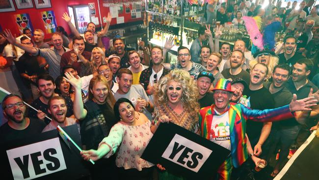 Patrons celebrate the yes result at the Stonewall hotel in Oxford Street. Picture: John Feder/The Australian