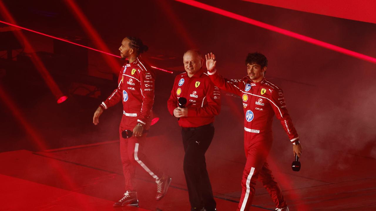 Hamilton shocked the world in early 2024 when he announced he would leave Mercedes after six world titles in 12 years to join the Scuderia Ferrari. Here he is announced at the F1 2025 season launch in London alongside Frederic Vasseur, Team Principal, and Charles Leclerc. Photo: Zak Mauger/Getty Images