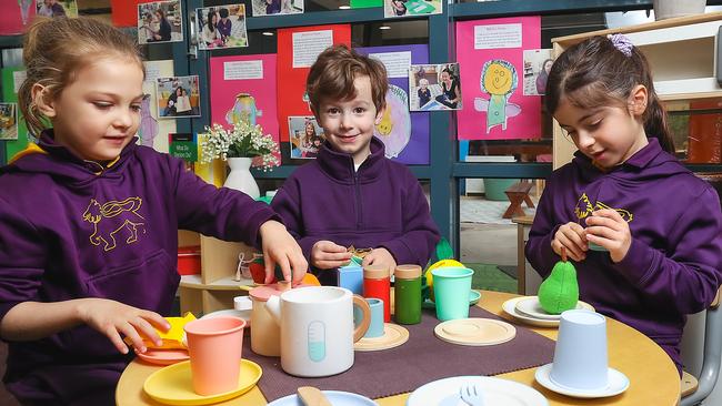 Private Kinder Case Study and the possible benefits of spending thousands of dollars at such a kindergarten. Wesley College students Lucy , Tommy and Sofia. Picture: Ian Currie