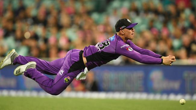 Ben McDermott of the Hurricanes drops a catch during the Big Bash League match between the Sydney Sixers and the Hobart Hurricanes. (AAP Image/Dean Lewins) 