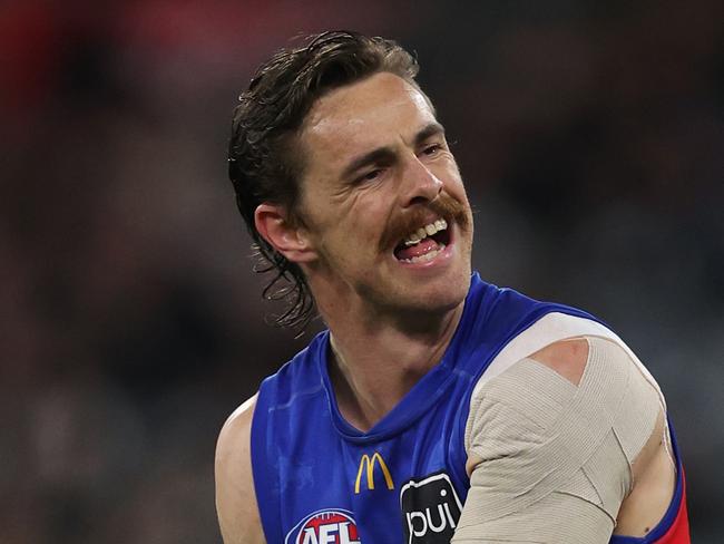 MELBOURNE, AUSTRALIA - AUGUST 17: Joe Daniher of the Lions reacts after missing a goal during the round 23 AFL match between Collingwood Magpies and Brisbane Lions at Melbourne Cricket Ground, on August 17, 2024, in Melbourne, Australia. (Photo by Daniel Pockett/Getty Images)