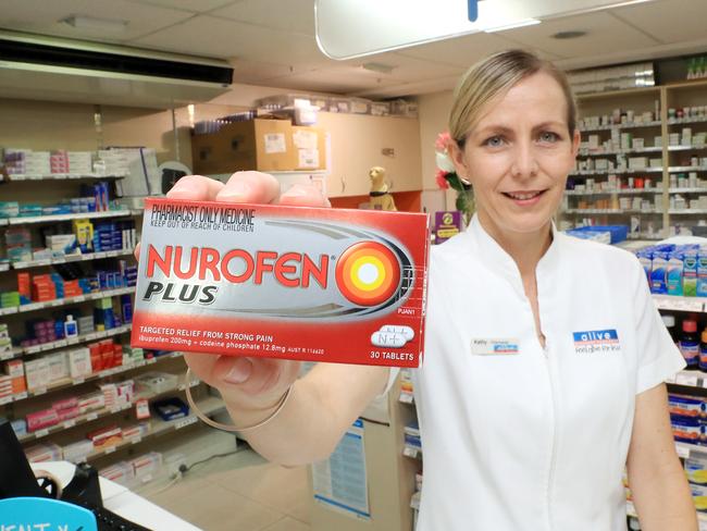 Local pharmacist Kathy Treacy displays a codeine product that is now no longer  available in Australia. Picture Justin Brierty.