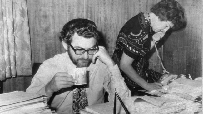 ACTU president Bob Hawke in his Melbourne office during a 1972 oil refinery strike. His wife Hazel answers the telephone.