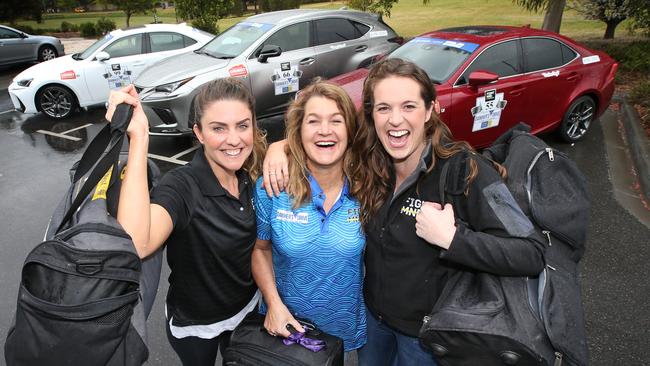 FightMND campaign co-ordinator Lauren McKellar, with Neale Daniher’s wife Jan and daughter Bec, packed and ready to roll in the Daniher Drive. Picture: David Caird