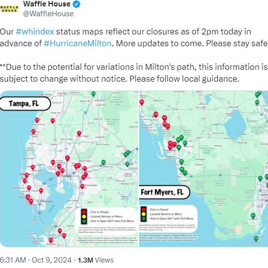 The Waffle House Index shows just how severe a storm is. Picture: X