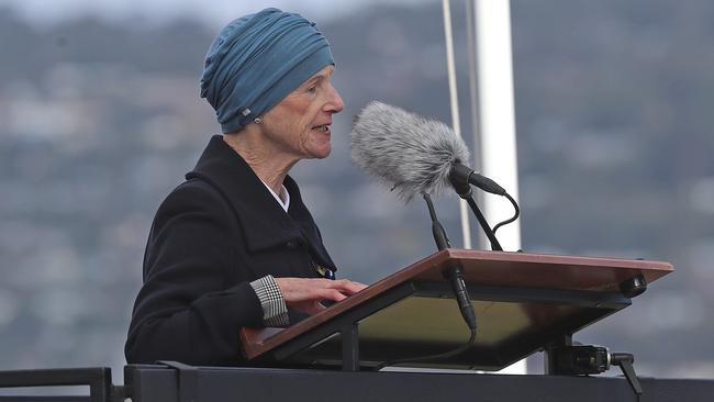 The Governor of Tasmania, Professor Kate Warner, giving her ANZAC Day address at the Hobart Cenotaph. Picture: LUKE BOWDEN