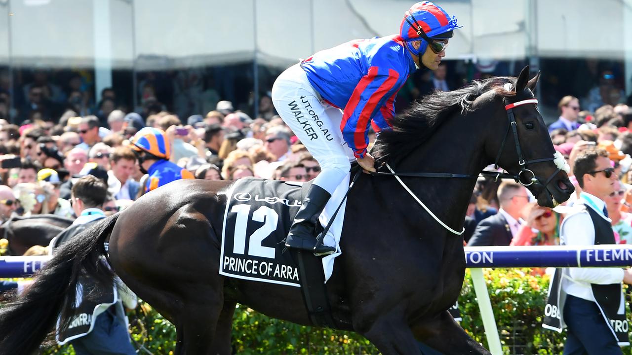 Jockey Michael Walker riding jockey of Prince of Arran enters the field on Rostropovich ahead of race 7, the Lexus Melbourne Cup at Flemington Racecourse in Melbourne, Tuesday, November 5, 2019. (AAP Image/James Ross) NO ARCHIVING, EDITORIAL USE ONLY