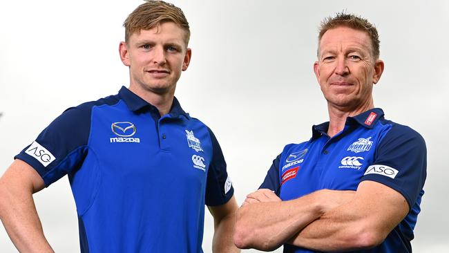 MELBOURNE, AUSTRALIA - NOVEMBER 23: Jack Ziebell of the Kangaroos poses with new Kangaroos coach David Noble  during a North Melbourne Kangaroos AFL media opportunity at Arden Street Ground on November 23, 2020 in Melbourne, Australia. (Photo by Quinn Rooney/Getty Images)