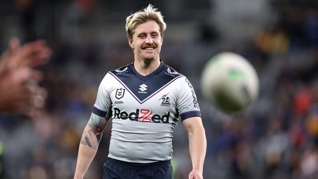SYDNEY, AUSTRALIA - SEPTEMBER 01:  Cameron Munster of the Storm warms up before the round 25 NRL match between the Parramatta Eels and the Melbourne Storm at CommBank Stadium on September 01, 2022, in Sydney, Australia. (Photo by Cameron Spencer/Getty Images)