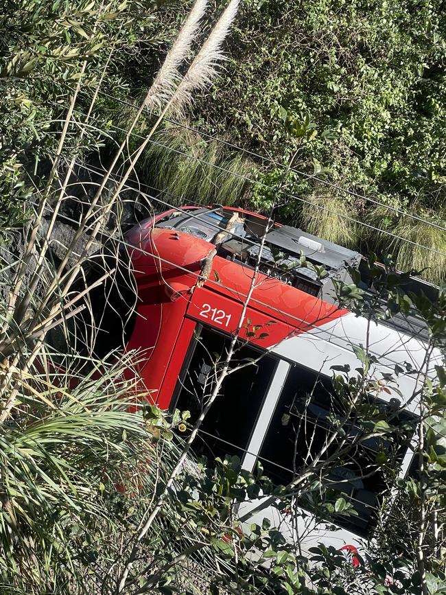 The light rail tram that had passengers stuck inside after a tree hit the line at Pyrmont after high winds.