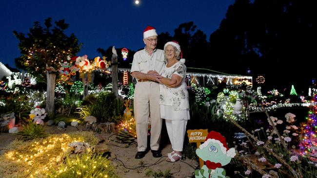 Peg and Bill Chartres with their amazing display at 5 Christmas Lane, Lobethal. Picture: Naomi Jellicoe