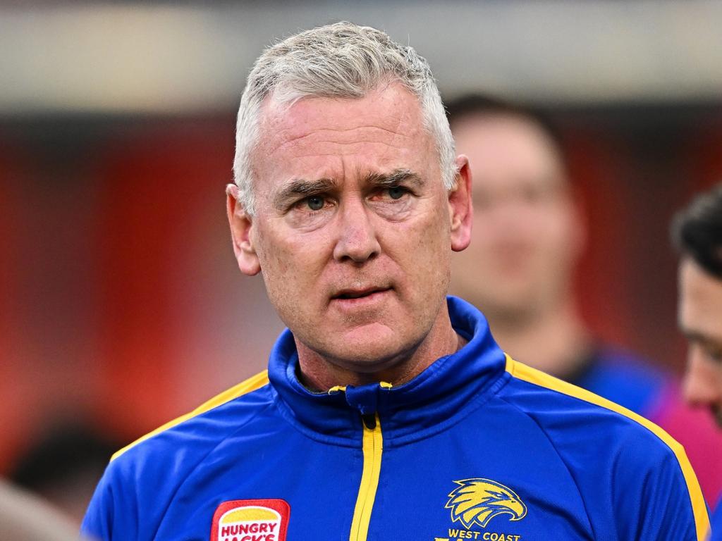 PERTH, AUSTRALIA – MAY 19: Adam Simpson, Senior Coach of the Eagles addresses the players at the break during the 2024 AFL Round 10 match between Waalitj Marawar (West Coast Eagles) and Narrm (Melbourne Demons) at Optus Stadium on May 19, 2024 in Perth, Australia. (Photo by Daniel Carson/AFL Photos via Getty Images)