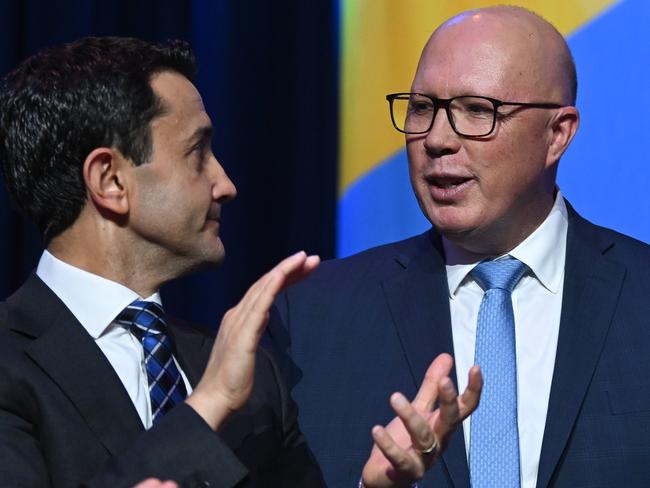 BRISBANE, AUSTRALIA - NewsWire Photos - JULY 6, 2024.Federal Opposition Leader Peter Dutton (right) is applauded by Queensland Opposition Leader David Crisafulli during the LNP Convention in Brisbane. Picture: Dan Peled / NewsWire