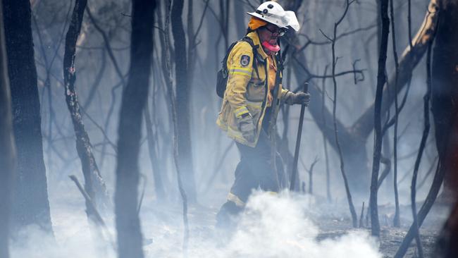 A NSW RFS firefighter undertakes mopping up at South Turramurra in November last year. Picture: Sam Mooy/Getty