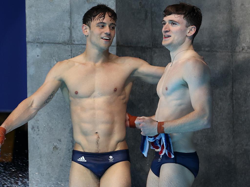 Tom Daley and Matty Lee pictured on day three of the Olympics, shortly before claiming gold for their performance. Picture: Clive Rose/Getty Images