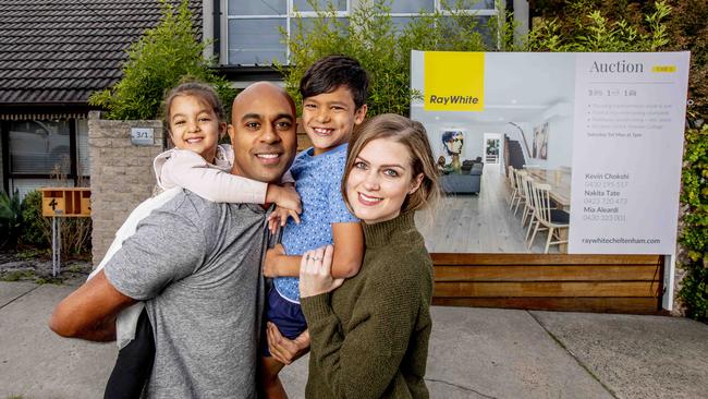 Sarah and Prav Maurice and their two children (Elle, 4 and Beau, 7) are selling their renovated Mentone home amid red-hot conditions. Picture: Tim Carrafa