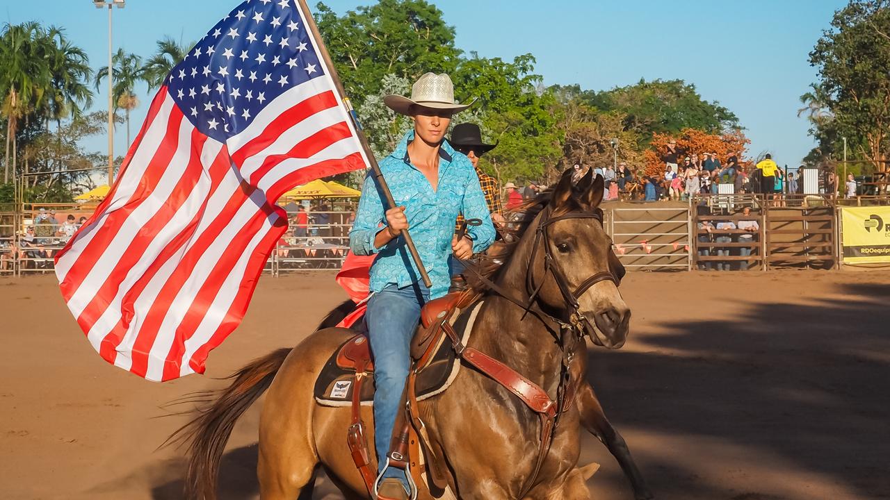 Eileen Ostwald ahead of her steer wrestling win at the Robbie Robbins Reserve. Picture: David Bradley