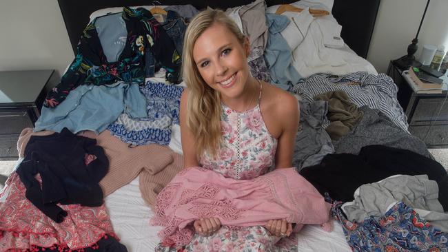 Keen clothes shopper Jess Magree, 20, shows off some of her favourite outfits. Picture: Jay Town