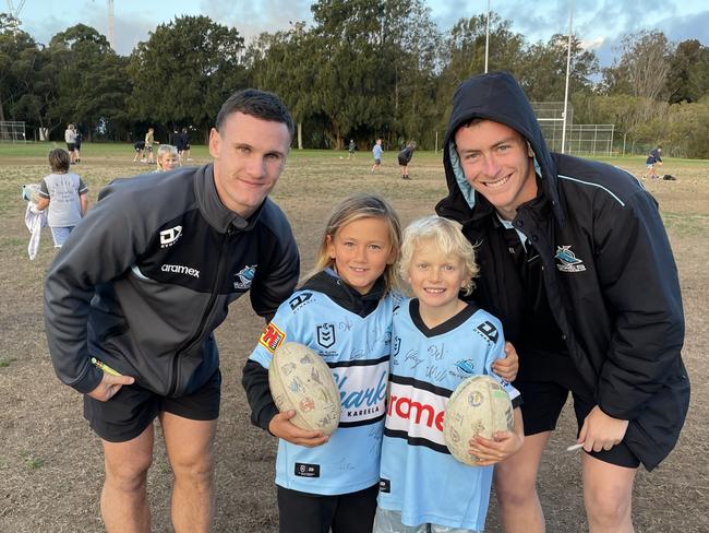 NRL Cronulla Sutherland Sharks players Connor Tracey, Kade Dykes, Luke Metcalf enjoyed signing jerseys, boots as well as running drills with De La Salle players from all grades as part of the Sharksâ annual JRL Community Blitz. They returned to their junior club, De La Salle Junior Rugby League Football Club. Picture: Ashleigh Tullis